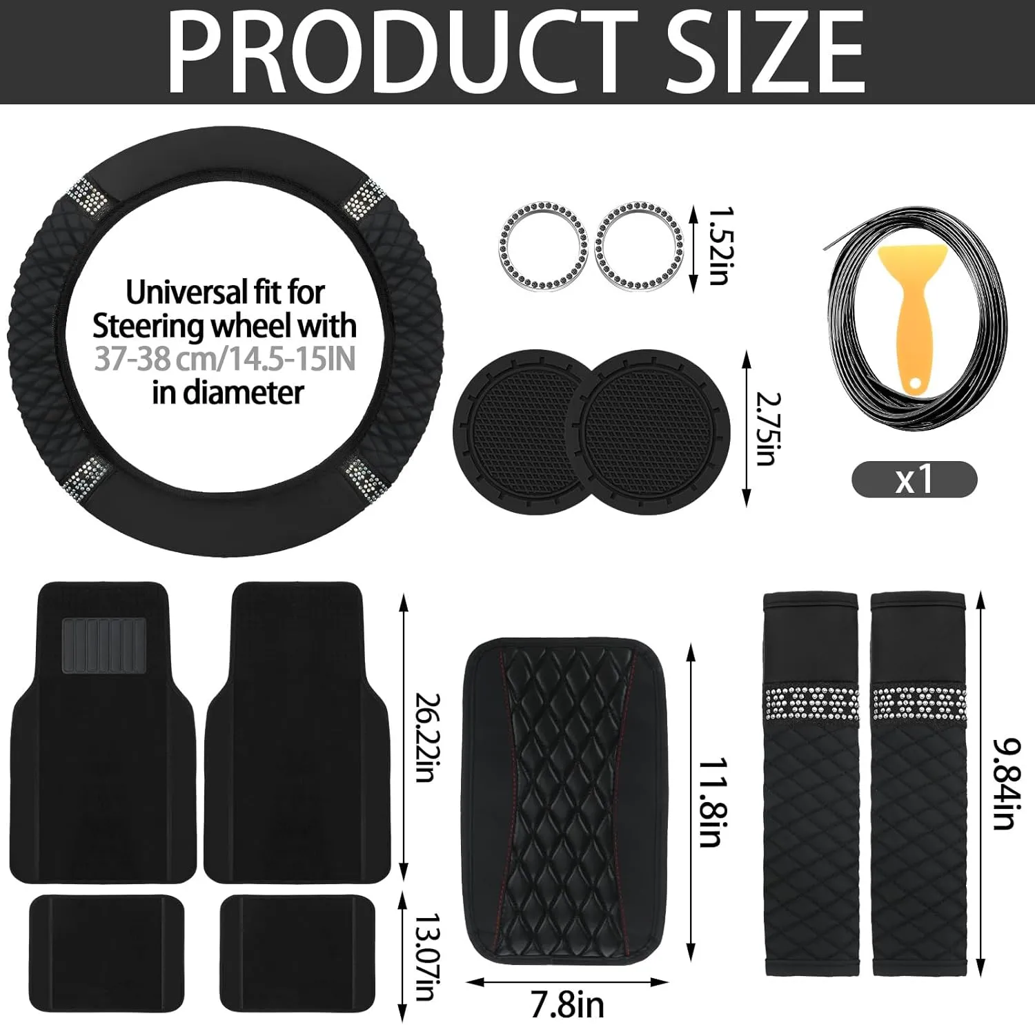 BBTO 43 Pcs Bling Car Accessories Set for Women Front Seats and Rear Bench Polyester Car Seat Protectors Wheel Cover Seat Floor Mats Full Crystal Automotive Interior Decor(Black)