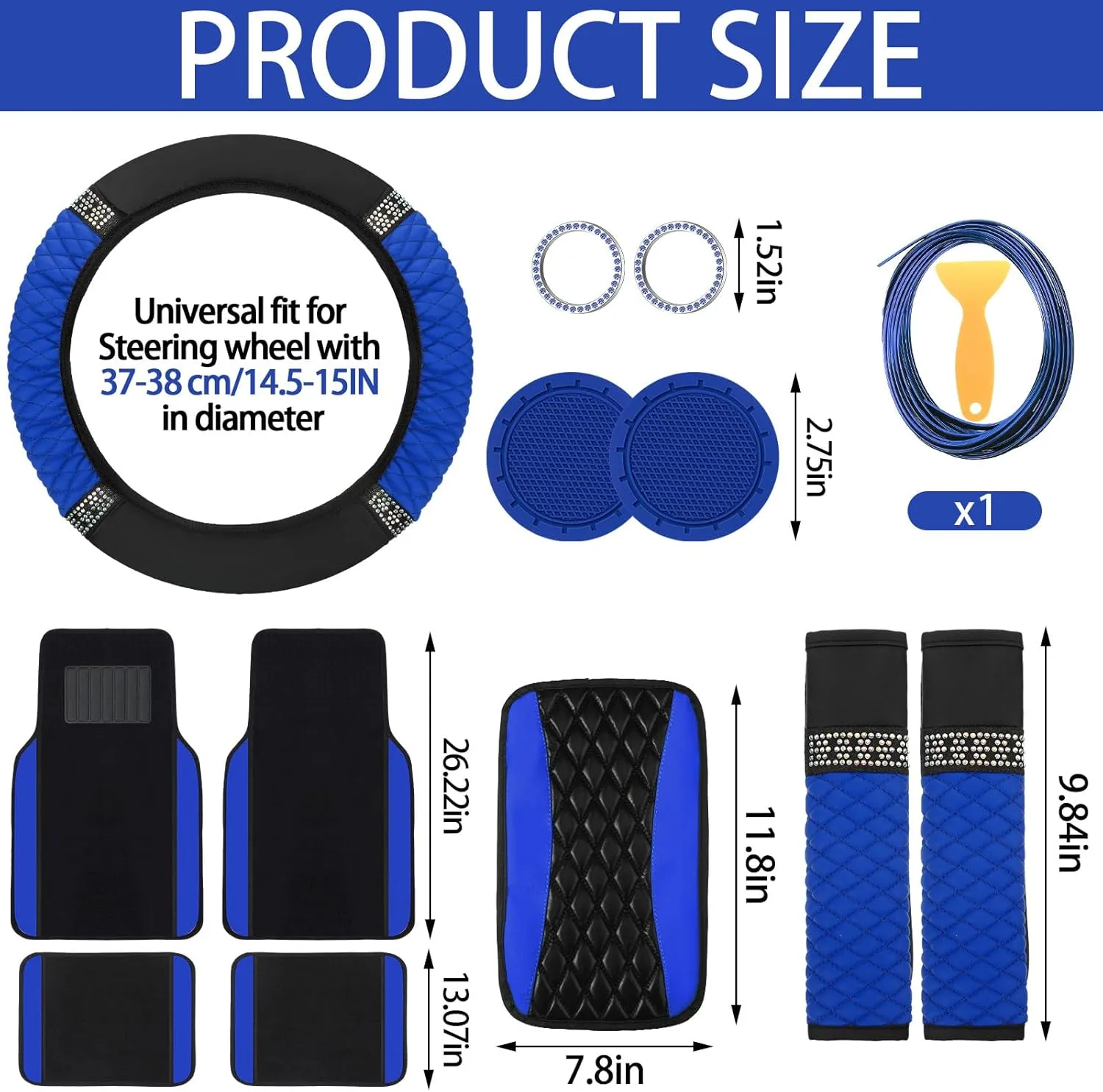 BBTO 43 Pcs Bling Car Accessories Set for Women Front Seats and Rear Bench Polyester Car Seat Protectors Wheel Cover Seat Floor Mats Full Crystal Automotive Interior Decor(Blue, Black)