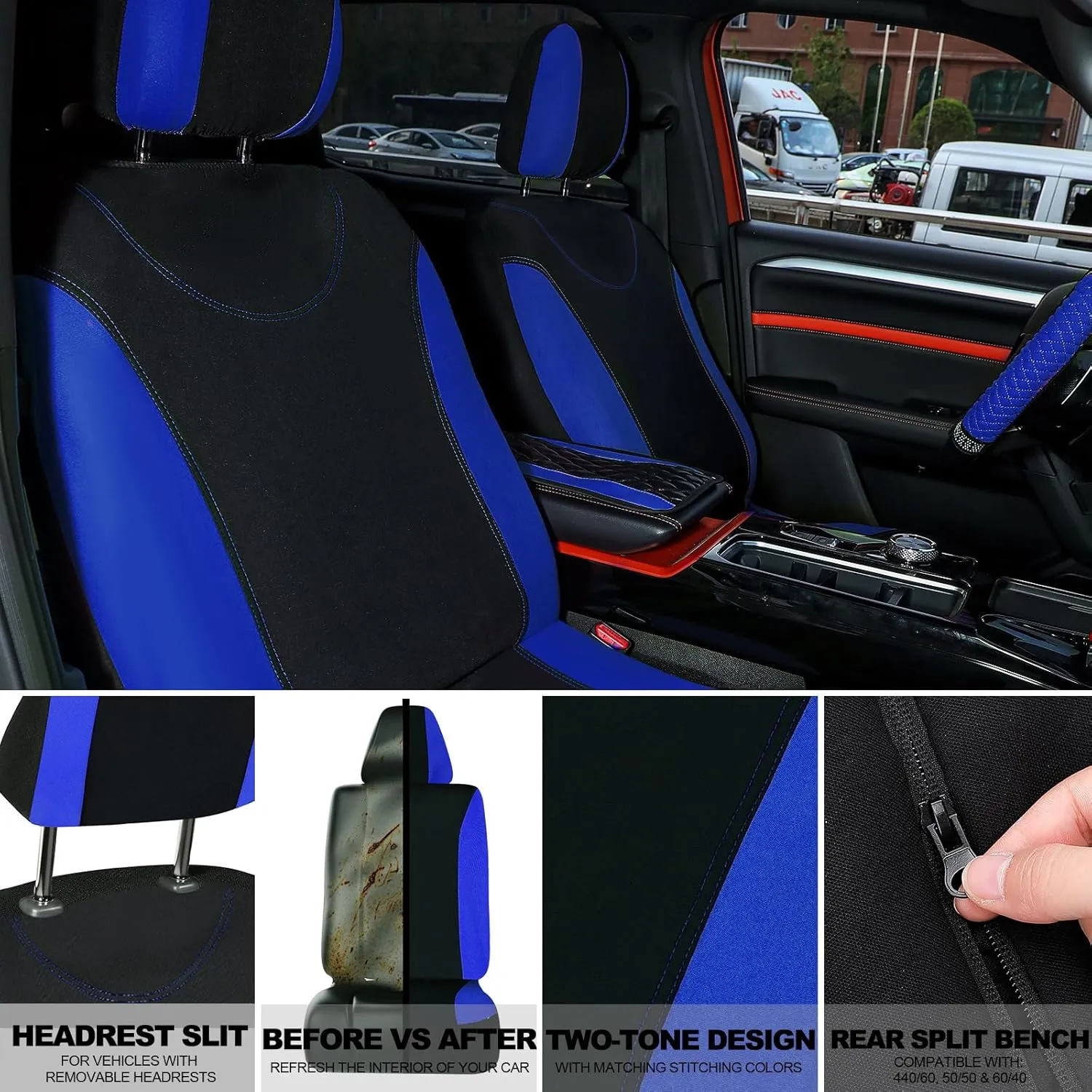 BBTO 43 Pcs Bling Car Accessories Set for Women Front Seats and Rear Bench Polyester Car Seat Protectors Wheel Cover Seat Floor Mats Full Crystal Automotive Interior Decor(Blue, Black)