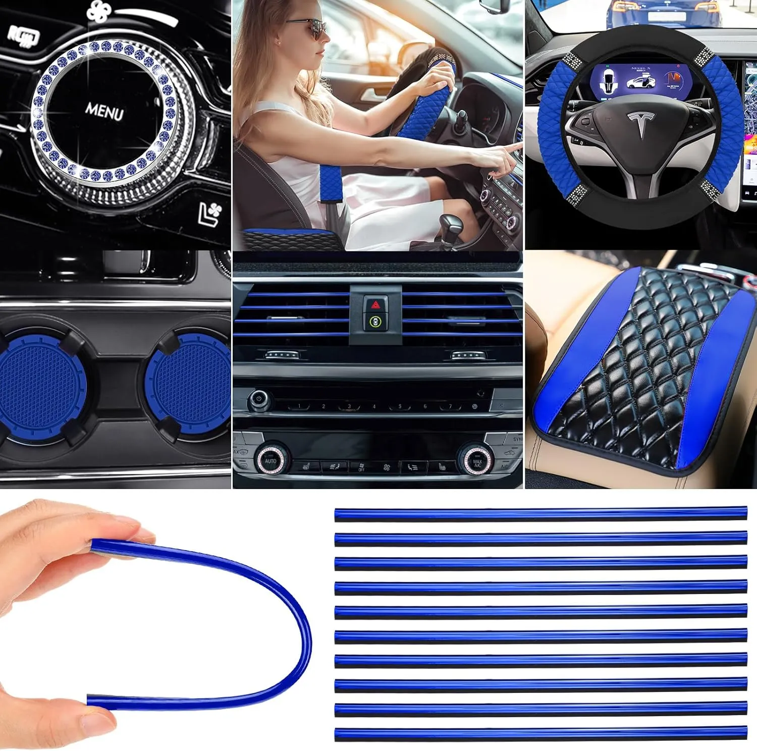 BBTO 43 Pcs Bling Car Accessories Set for Women Front Seats and Rear Bench Polyester Car Seat Protectors Wheel Cover Seat Floor Mats Full Crystal Automotive Interior Decor(Blue, Black)