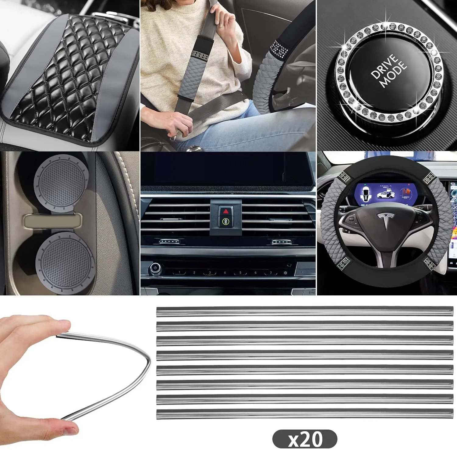 BBTO 43 Pcs Bling Car Accessories Set for Women Front Seats and Rear Bench Polyester Car Seat Protectors Wheel Cover Seat Floor Mats Full Crystal Automotive Interior Decor(Gray and Black)