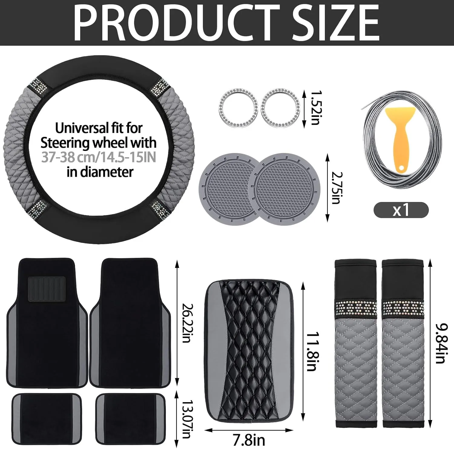 BBTO 43 Pcs Bling Car Accessories Set for Women Front Seats and Rear Bench Polyester Car Seat Protectors Wheel Cover Seat Floor Mats Full Crystal Automotive Interior Decor(Gray and Black)