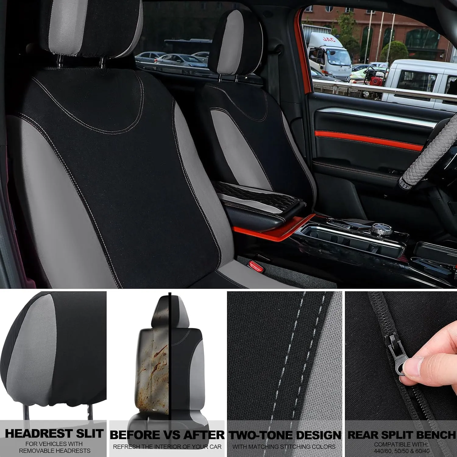 BBTO 43 Pcs Bling Car Accessories Set for Women Front Seats and Rear Bench Polyester Car Seat Protectors Wheel Cover Seat Floor Mats Full Crystal Automotive Interior Decor(Gray and Black)
