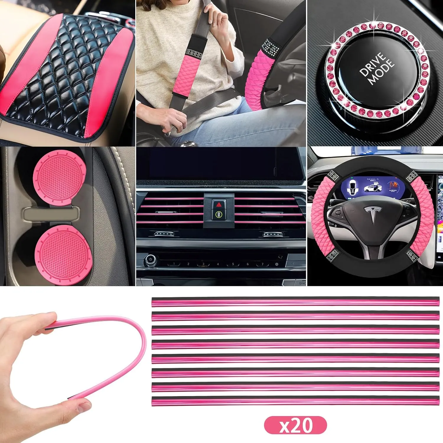 BBTO 43 Pcs Bling Car Accessories Set for Women Front Seats and Rear Bench Polyester Car Seat Protectors Wheel Cover Seat Floor Mats Full Crystal Automotive Interior Decor(Pink and Black)