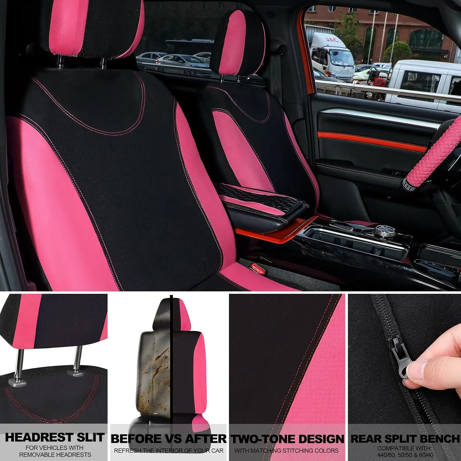 BBTO 43 Pcs Bling Car Accessories Set for Women Front Seats and Rear Bench Polyester Car Seat Protectors Wheel Cover Seat Floor Mats Full Crystal Automotive Interior Decor(Pink and Black)