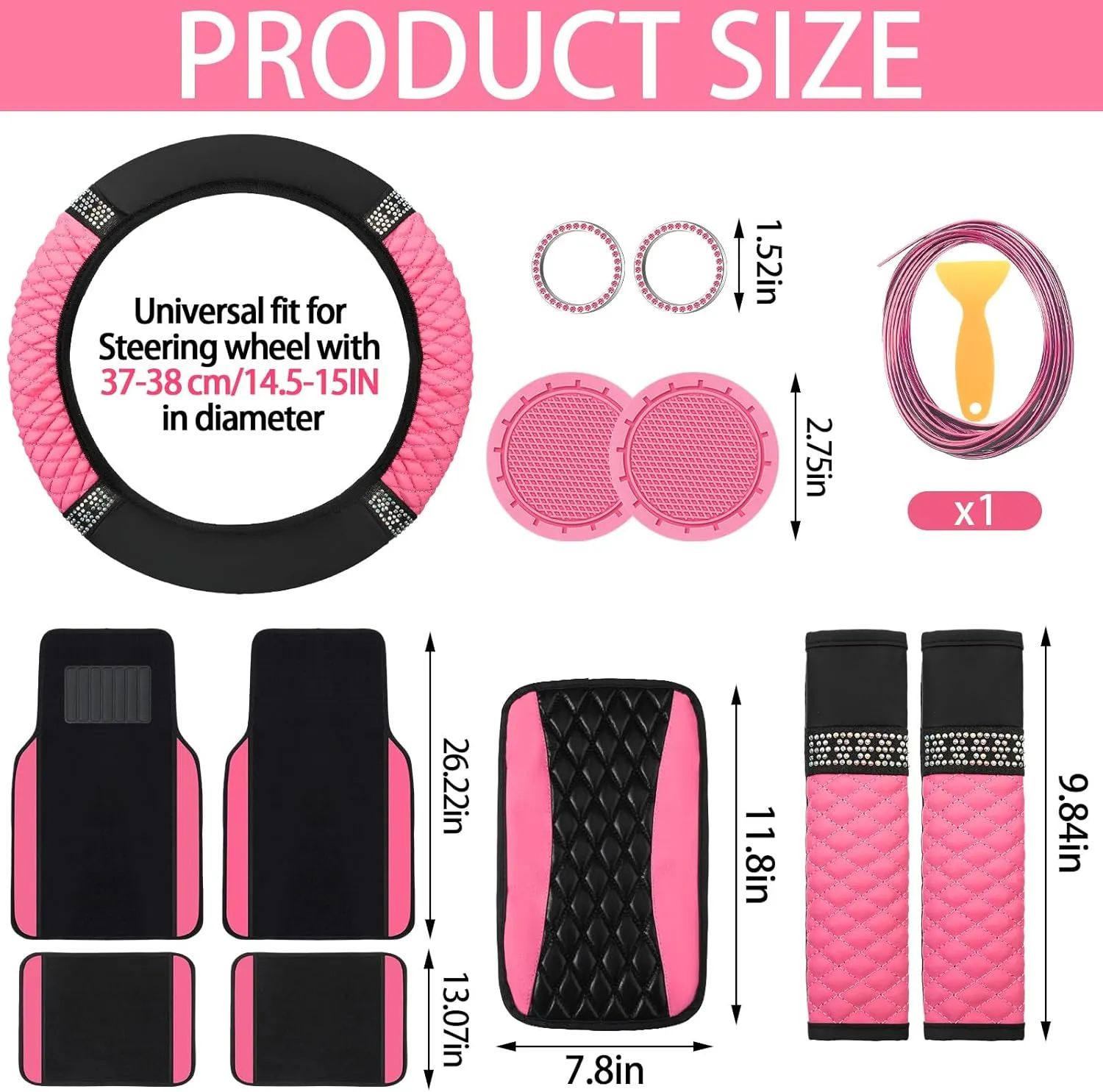 BBTO 43 Pcs Bling Car Accessories Set for Women Front Seats and Rear Bench Polyester Car Seat Protectors Wheel Cover Seat Floor Mats Full Crystal Automotive Interior Decor(Pink and Black)
