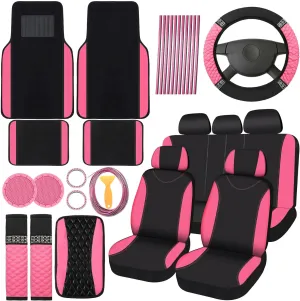 BBTO 43 Pcs Bling Car Accessories Set for Women Front Seats and Rear Bench Polyester Car Seat Protectors Wheel Cover Seat Floor Mats Full Crystal Automotive Interior Decor(Pink and Black)