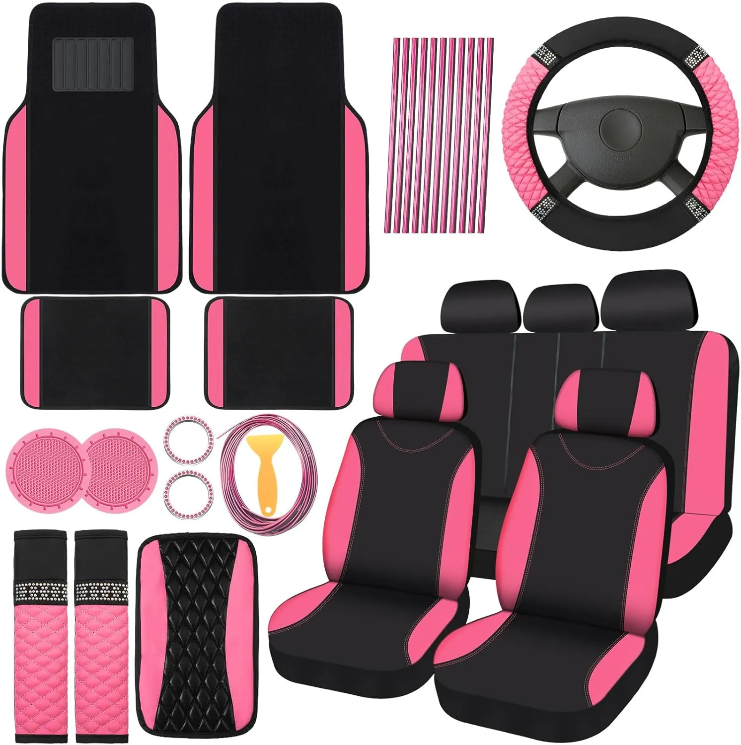 BBTO 43 Pcs Bling Car Accessories Set for Women Front Seats and Rear Bench Polyester Car Seat Protectors Wheel Cover Seat Floor Mats Full Crystal Automotive Interior Decor(Pink and Black)