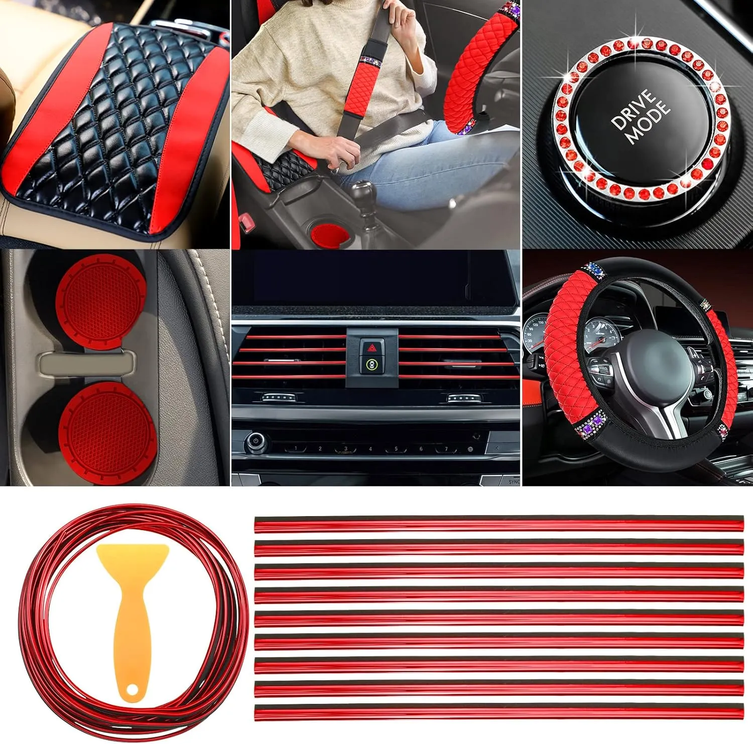 BBTO 43 Pcs Bling Car Accessories Set for Women Front Seats and Rear Bench Polyester Car Seat Protectors Wheel Cover Seat Floor Mats Full Crystal Automotive Interior Decor(Red and Black)