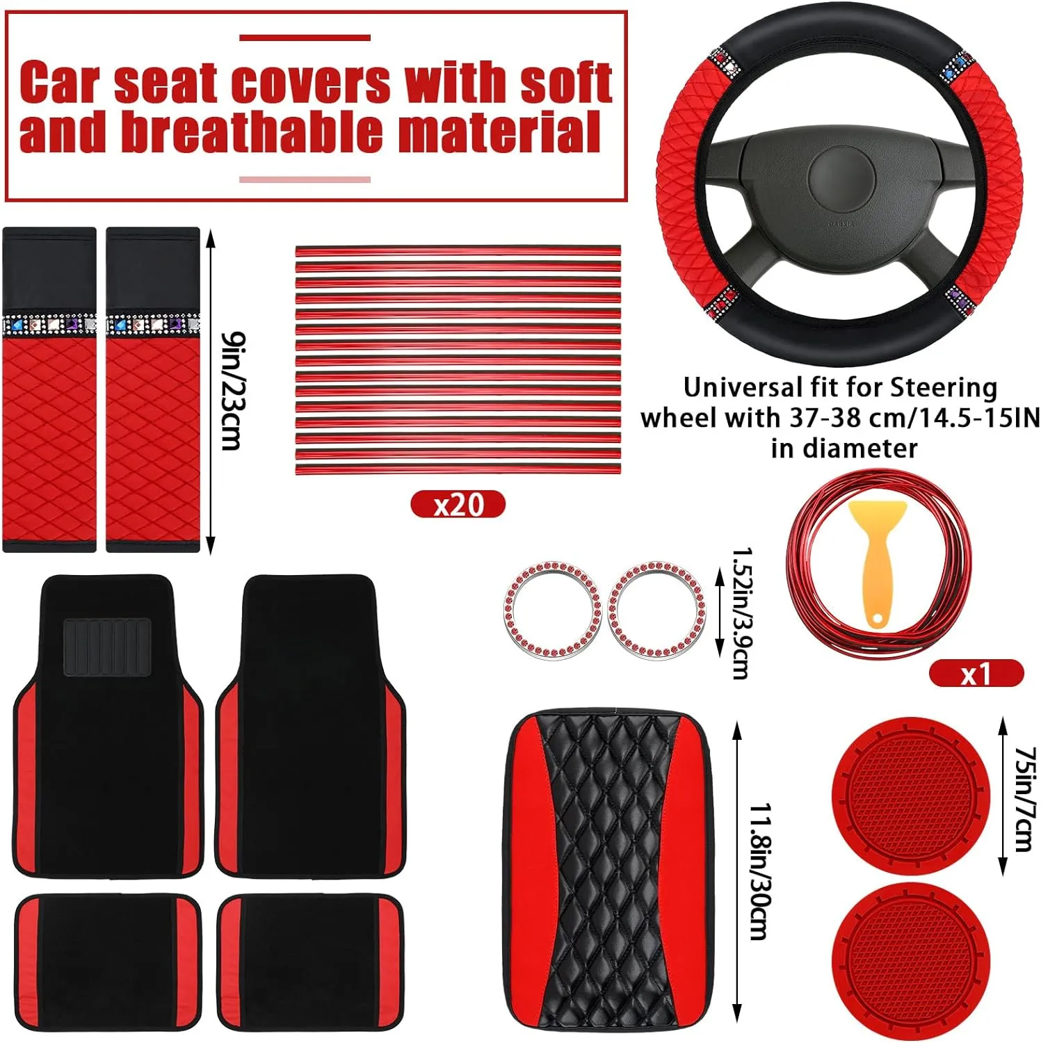BBTO 43 Pcs Bling Car Accessories Set for Women Front Seats and Rear Bench Polyester Car Seat Protectors Wheel Cover Seat Floor Mats Full Crystal Automotive Interior Decor(Red and Black)