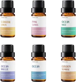Beach Fragrance Oil Set, 6X10ml, Golden Sunrise, Pink Sands, Coastal Linen, Ocean Breeze, Ocean, Ocean Mist Essential Oils for Diffusers for Home, Aromatherapy Oils for Candle & Soap Making