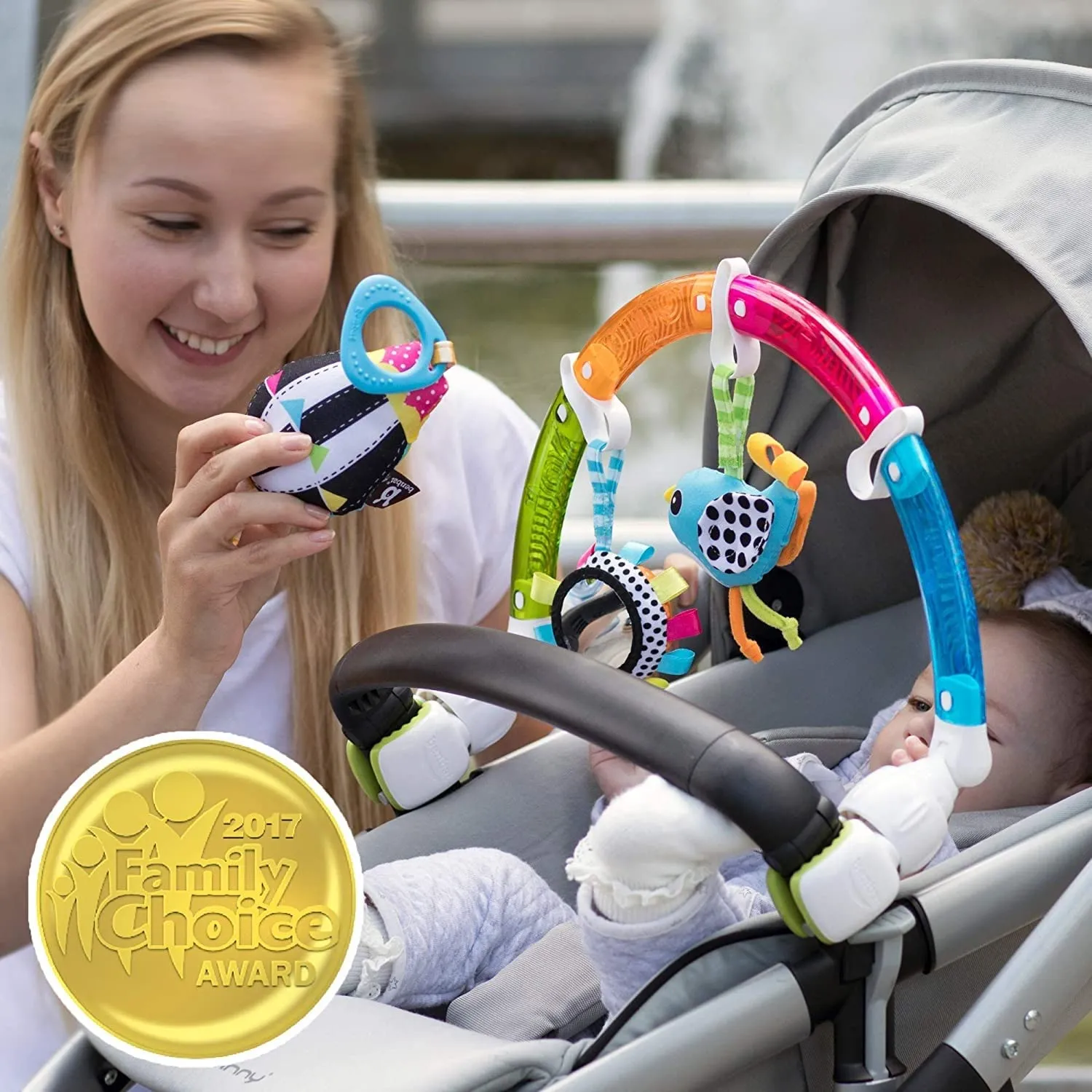 BENBAT Baby Stroller Arch Toy Rainbow Dazzle Friends Play Bar. Fun Newborns Sensory Activity, Adjustable for Bouncers and Car Seat.
