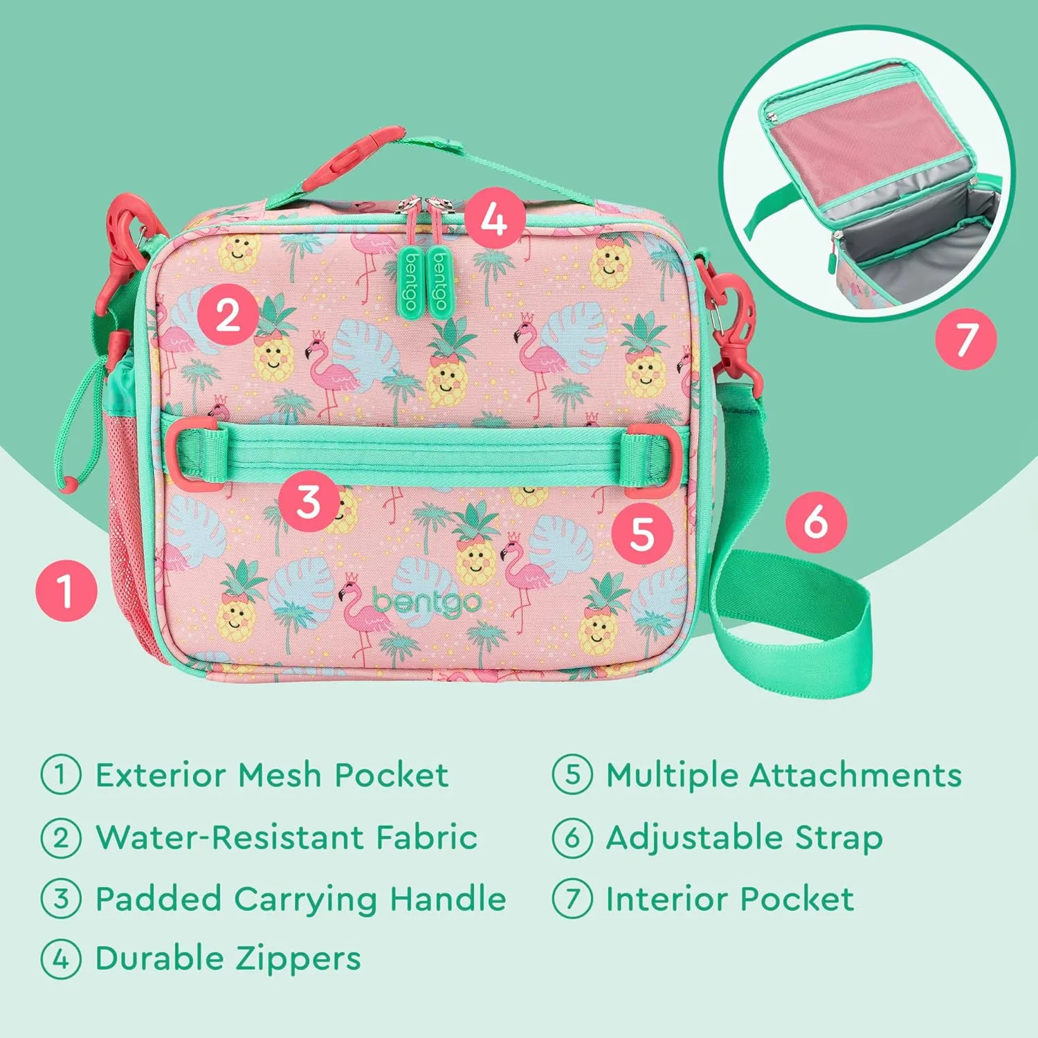 Bentgo Kids Lunch Bag - Durable, Double-Insulated Lunch Bag for Kids 3 ; Holds Lunch Box, Water Bottle, & Snacks; Easy-Clean Water-Resistant Fabric & Multiple Zippered Pockets (Tropical)
