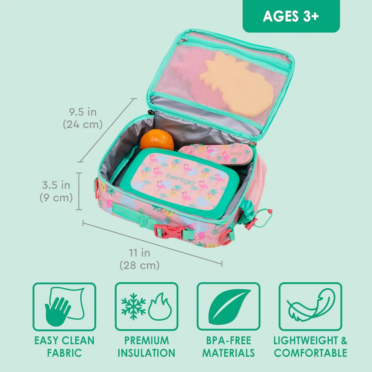Bentgo Kids Lunch Bag - Durable, Double-Insulated Lunch Bag for Kids 3 ; Holds Lunch Box, Water Bottle, & Snacks; Easy-Clean Water-Resistant Fabric & Multiple Zippered Pockets (Tropical)