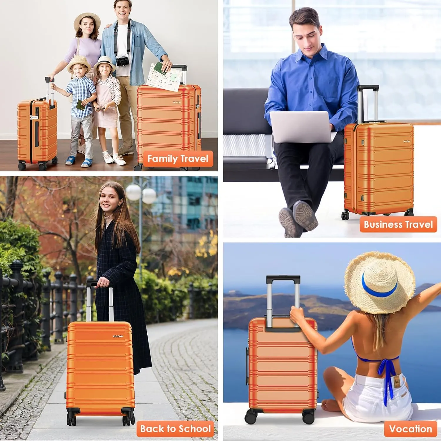 BEOW 3 Piece Luggage Sets For Women with Spinner Wheels, Durable Polycarbonate Hardside Expandable Suitcase Sets 3 Pcs, Stylish Lightweight Travel Luggage with TSA Lock, 20 24 28 Inch, Orange