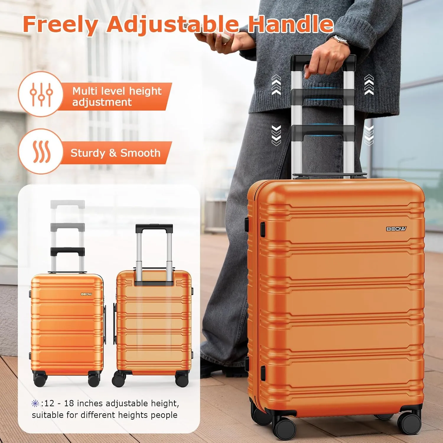 BEOW 3 Piece Luggage Sets For Women with Spinner Wheels, Durable Polycarbonate Hardside Expandable Suitcase Sets 3 Pcs, Stylish Lightweight Travel Luggage with TSA Lock, 20 24 28 Inch, Orange