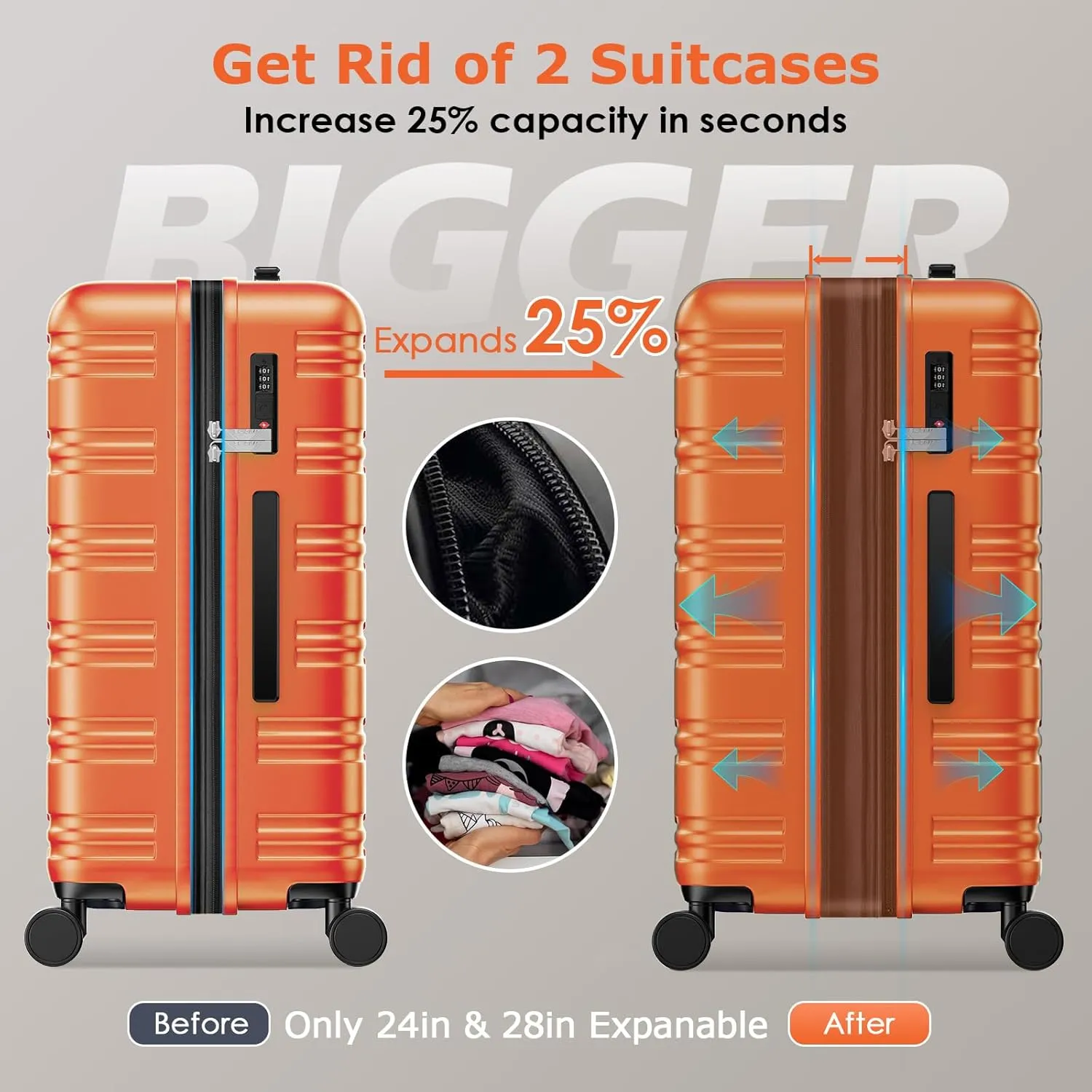 BEOW 3 Piece Luggage Sets For Women with Spinner Wheels, Durable Polycarbonate Hardside Expandable Suitcase Sets 3 Pcs, Stylish Lightweight Travel Luggage with TSA Lock, 20 24 28 Inch, Orange