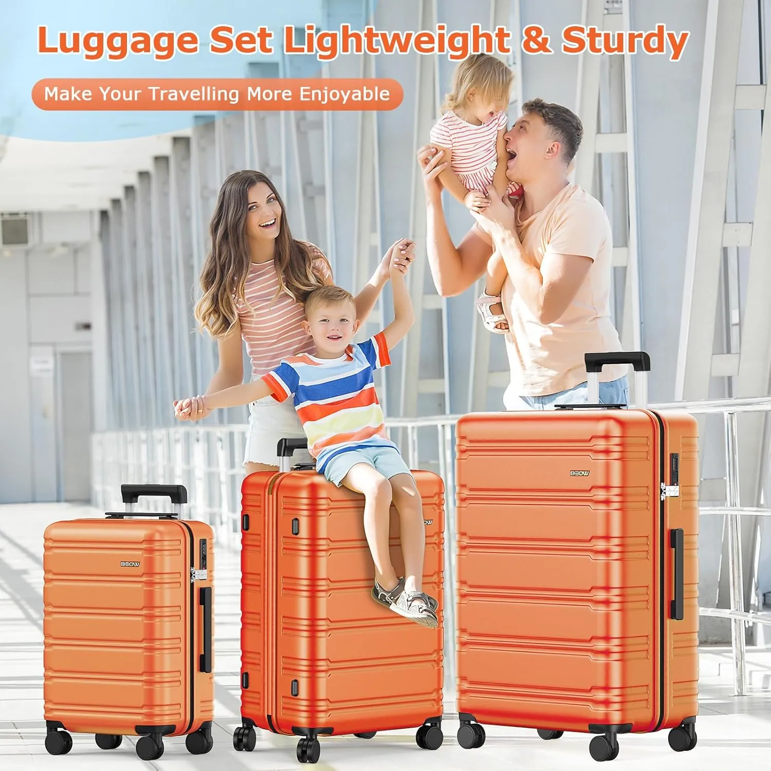 BEOW 3 Piece Luggage Sets For Women with Spinner Wheels, Durable Polycarbonate Hardside Expandable Suitcase Sets 3 Pcs, Stylish Lightweight Travel Luggage with TSA Lock, 20 24 28 Inch, Orange