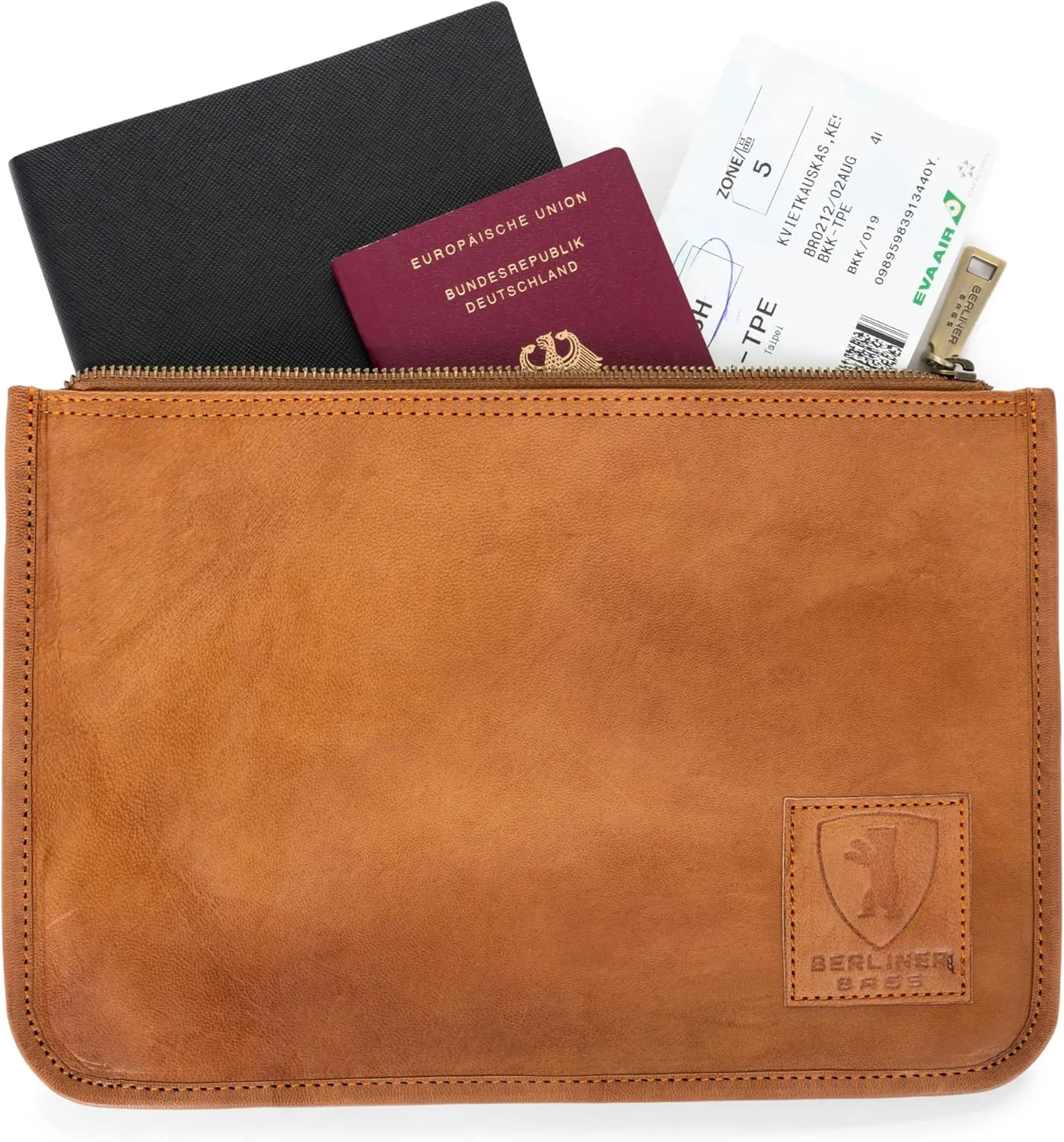 BERLINER BAGS Vintage Genuine Leather Document Organizer Theo XL, Passport Holder and Travel Wallet - Brown