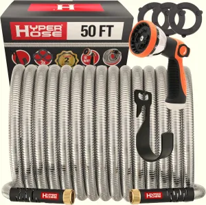 Best 50FT Metal Garden Hose Set - No-Kink Durable 316 Stainless Steel, Naval Brass, 10-Way Zync Spray Nozzle & Hook – Tough Flexible Heavy Duty Water