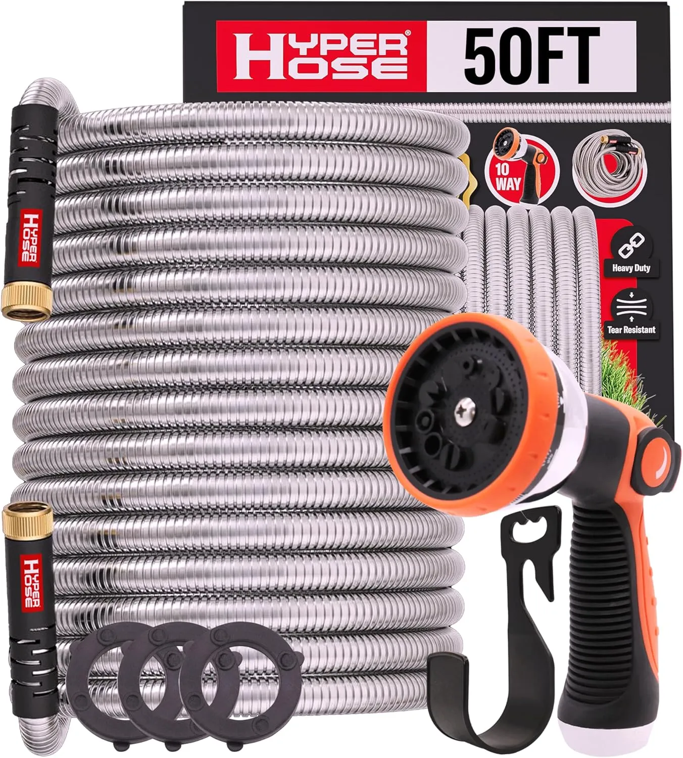 Best 50FT Metal Garden Hose Set - No-Kink Durable 316 Stainless Steel, Naval Brass, 10-Way Zync Spray Nozzle & Hook – Tough Flexible Heavy Duty