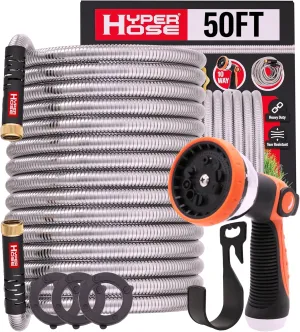 Best 50FT Metal Garden Hose Set - No-Kink Durable 316 Stainless Steel, Naval Brass, 10-Way Zync Spray Nozzle & Hook – Tough Flexible Heavy Duty