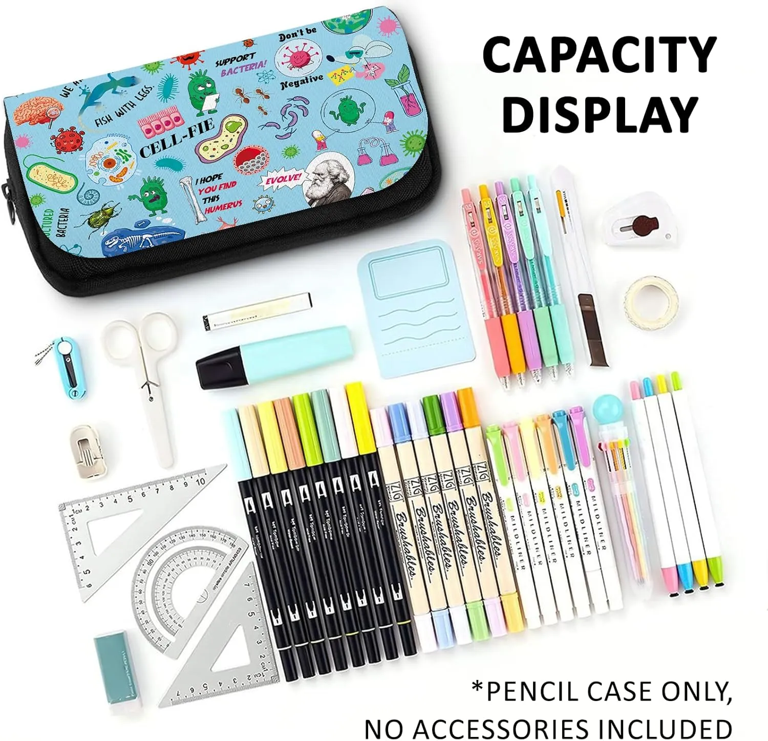 Biology Pencil Case for Science Students - Large Capacity Zippered Pencil Pouch Pens Organizer with 2 Compartments, DNA & Cell Pattern Design Aesthetic Stationery Box for College, School, Trips