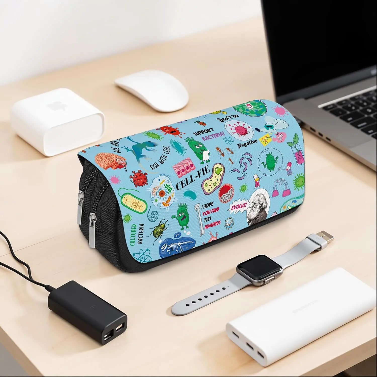 Biology Pencil Case for Science Students - Large Capacity Zippered Pencil Pouch Pens Organizer with 2 Compartments, DNA & Cell Pattern Design Aesthetic Stationery Box for College, School, Trips