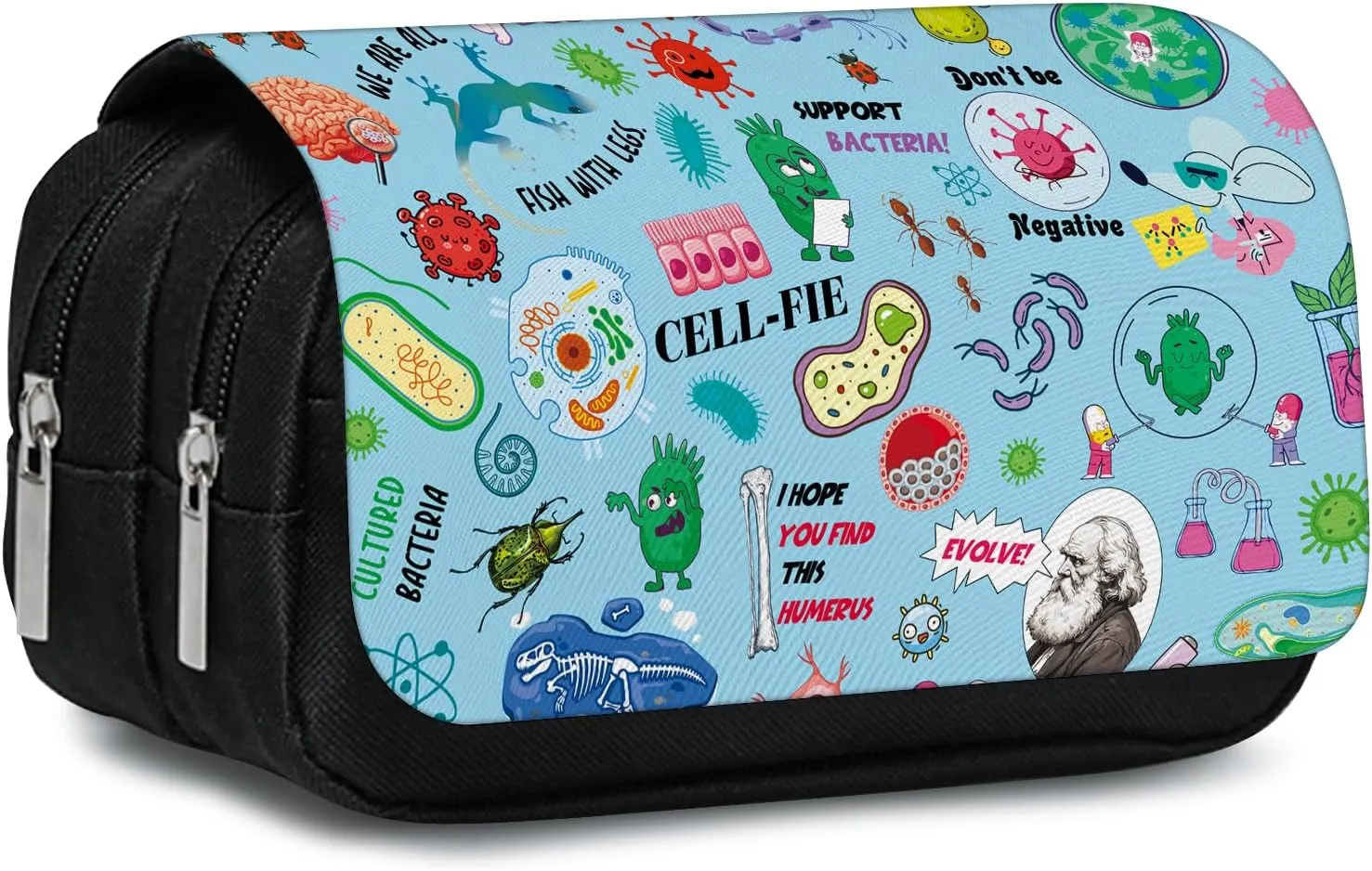 Biology Pencil Case for Science Students - Large Capacity Zippered Pencil Pouch Pens Organizer with 2 Compartments, DNA & Cell Pattern Design Aesthetic Stationery Box for College, School, Trips