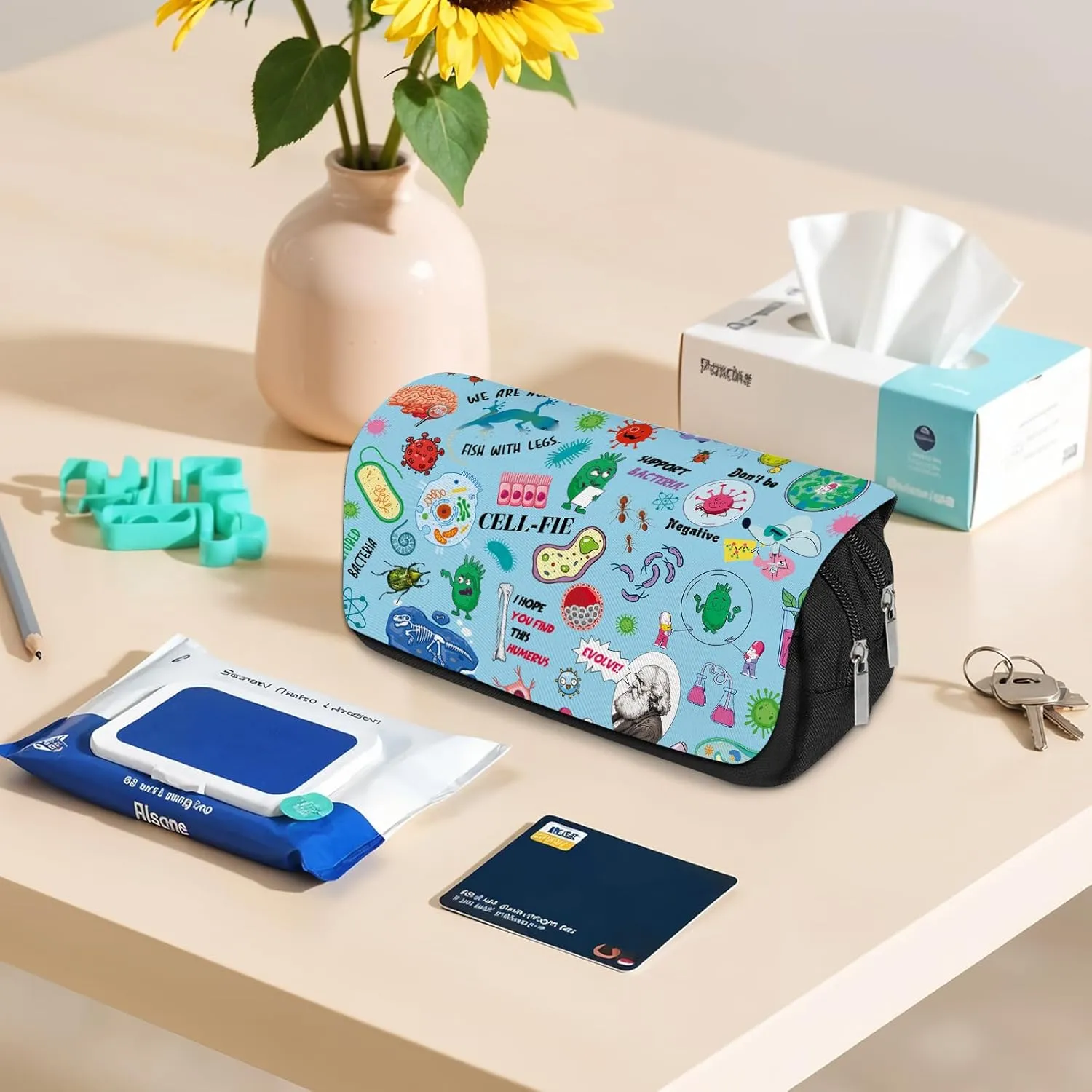 Biology Pencil Case for Science Students - Large Capacity Zippered Pencil Pouch Pens Organizer with 2 Compartments, DNA & Cell Pattern Design Aesthetic Stationery Box for College, School, Trips