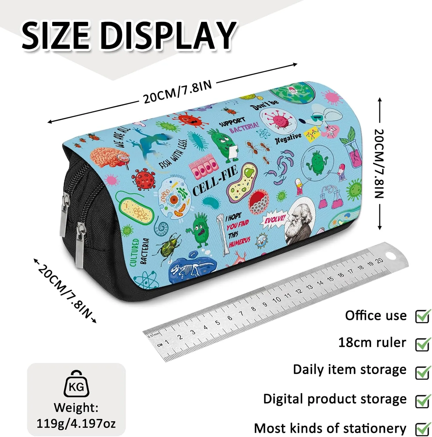Biology Pencil Case for Science Students - Large Capacity Zippered Pencil Pouch Pens Organizer with 2 Compartments, DNA & Cell Pattern Design Aesthetic Stationery Box for College, School, Trips