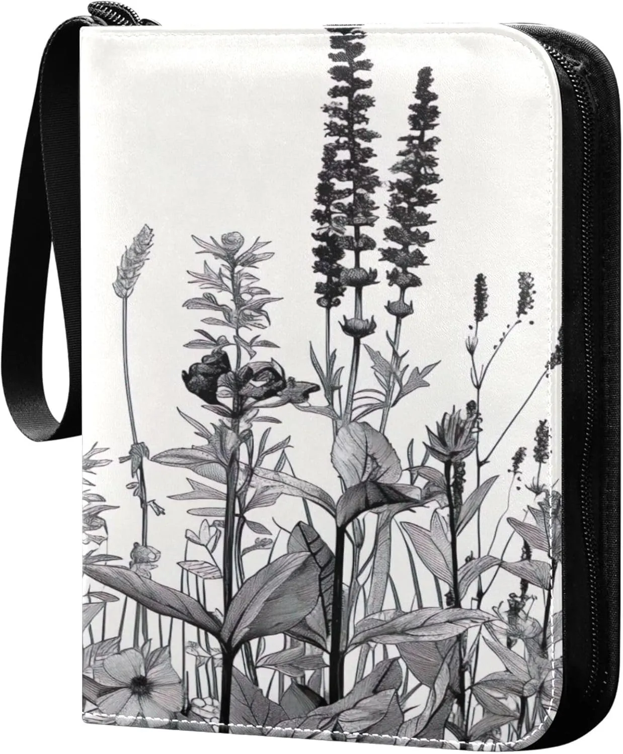 Black and White Flowers Card Binder 4 Pocket Collectible Trading Card Albums with 50 Sleeves Double Side PU Waterproof 3 Ring for Sports & Game Cards