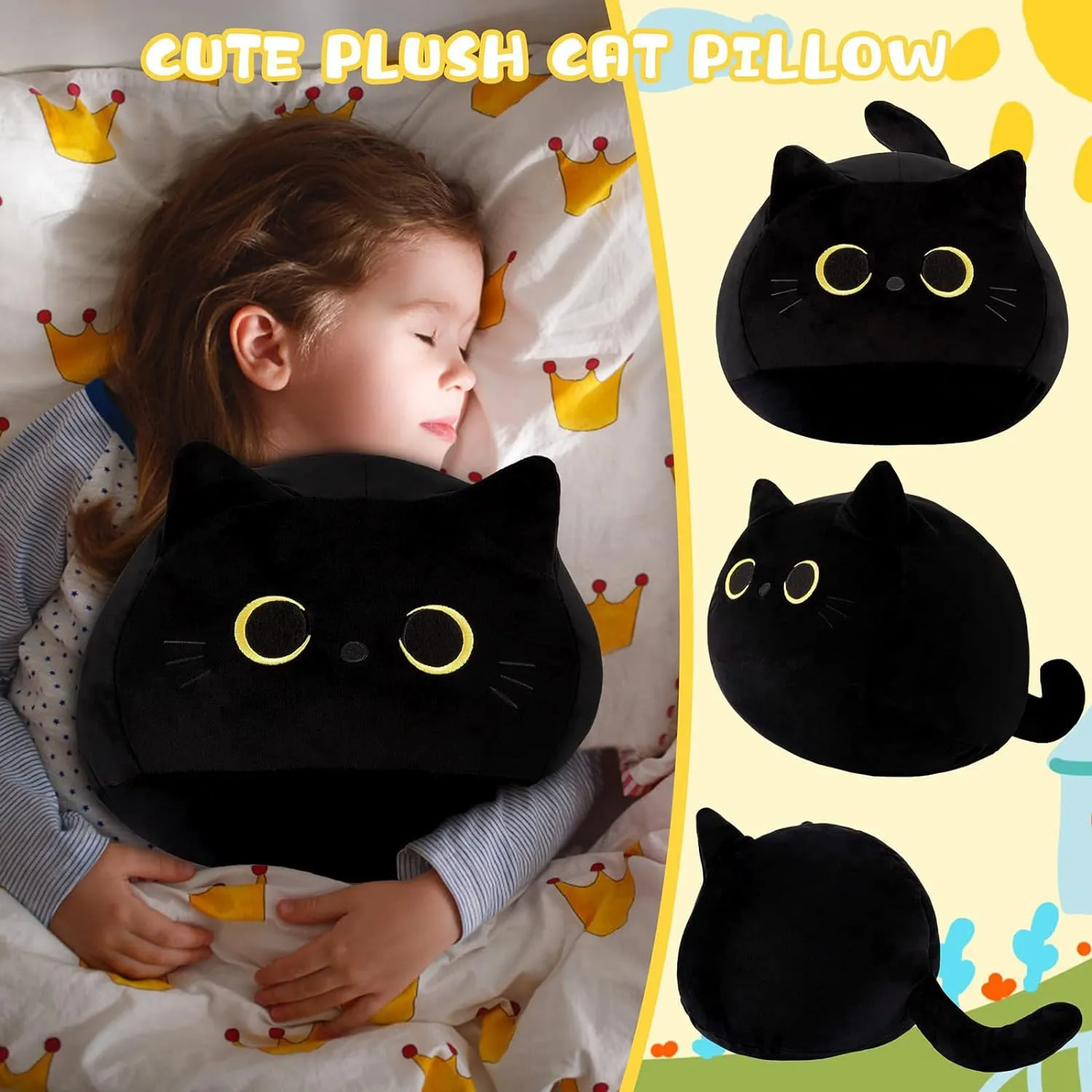 Black Cat Plush Toy 16 Inch Black Cat Pillow, Soft Stuffed Cat Plush Doll, Plushie Cat Pillow Cat Stuffed Animals for Kids Birthday Girlfriend Valentines Gift