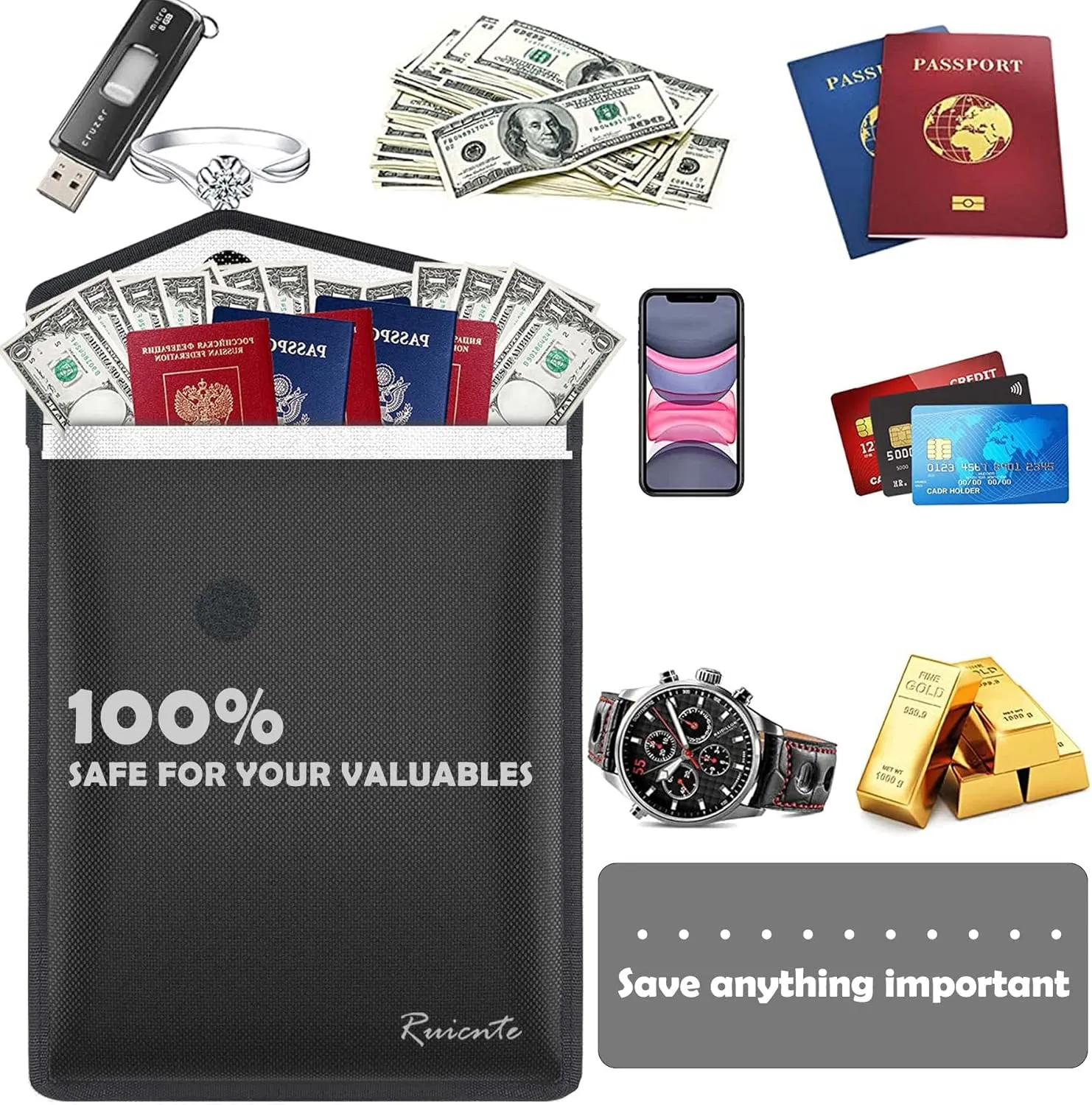 Black Fireproof Document Bag (2200℉),15”x 11”Waterproof and Fireproof Money Bag with Zipper,Ruicnte Upgraded Two Pockets Fire Resistant Safe Bags for Valuables,Money,Jewelry,Legal Documents,File