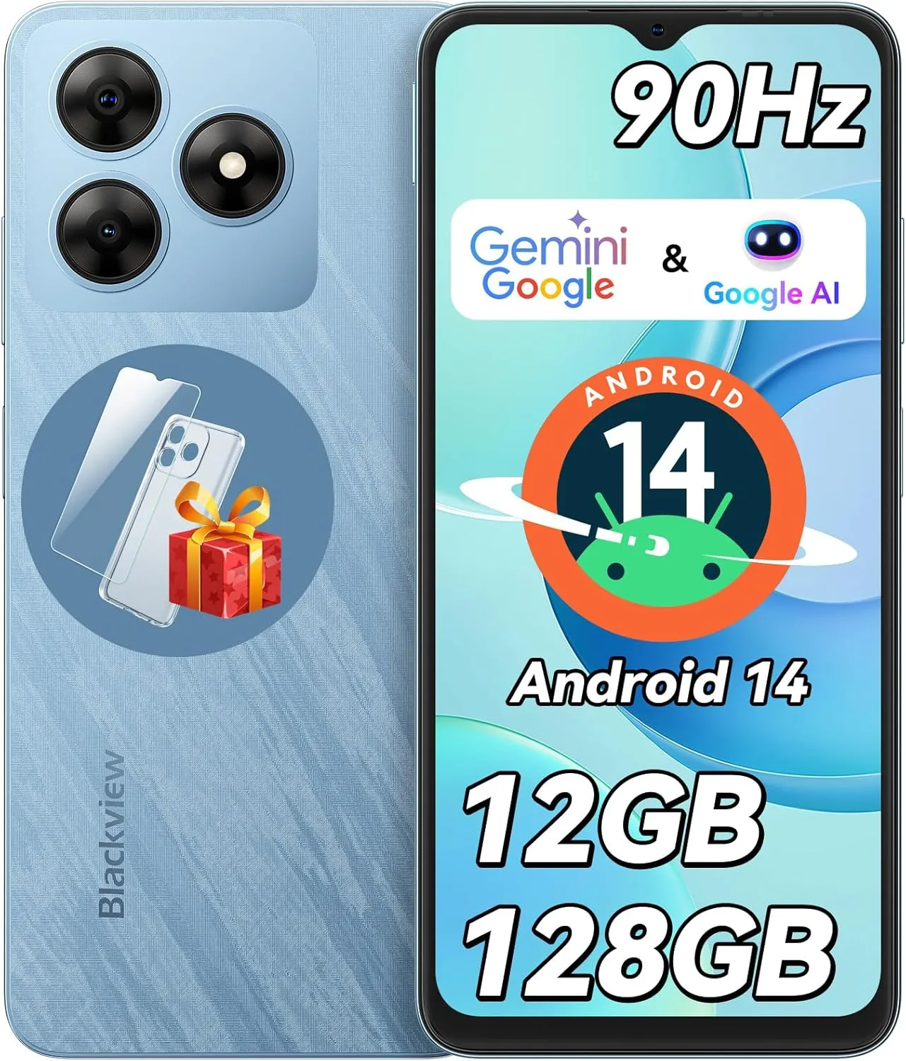 Blackview Wave 8 Android 14 Smartphones, Octa-core 12GB  128GB Expand 2TB Unlocked Cell Phone, 90Hz, Fingerprint & Face Unlock, 5000mAh Android Phone Unlocked, 2 Years Warranty, 3.5mm Earphone Jack