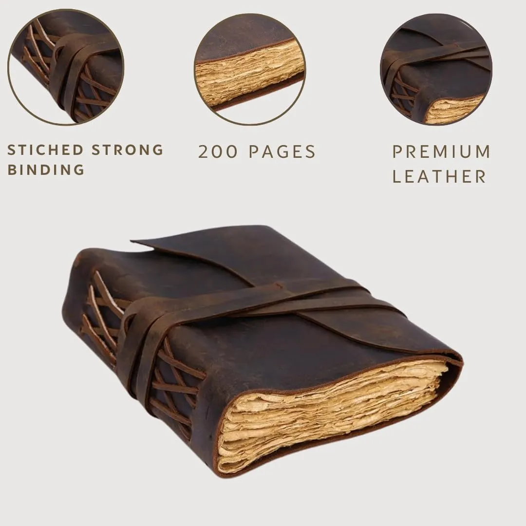 Bless International Vintage-Rustic-Leather-Bound-Journal-Spell-Book 7"X5"-200-Pages-Handmade-Paper-Diary-Gifts Writing-Drawing-Sketchbook-Travel Daily-Notepad-For-Men-And-Women (Russet Brown)