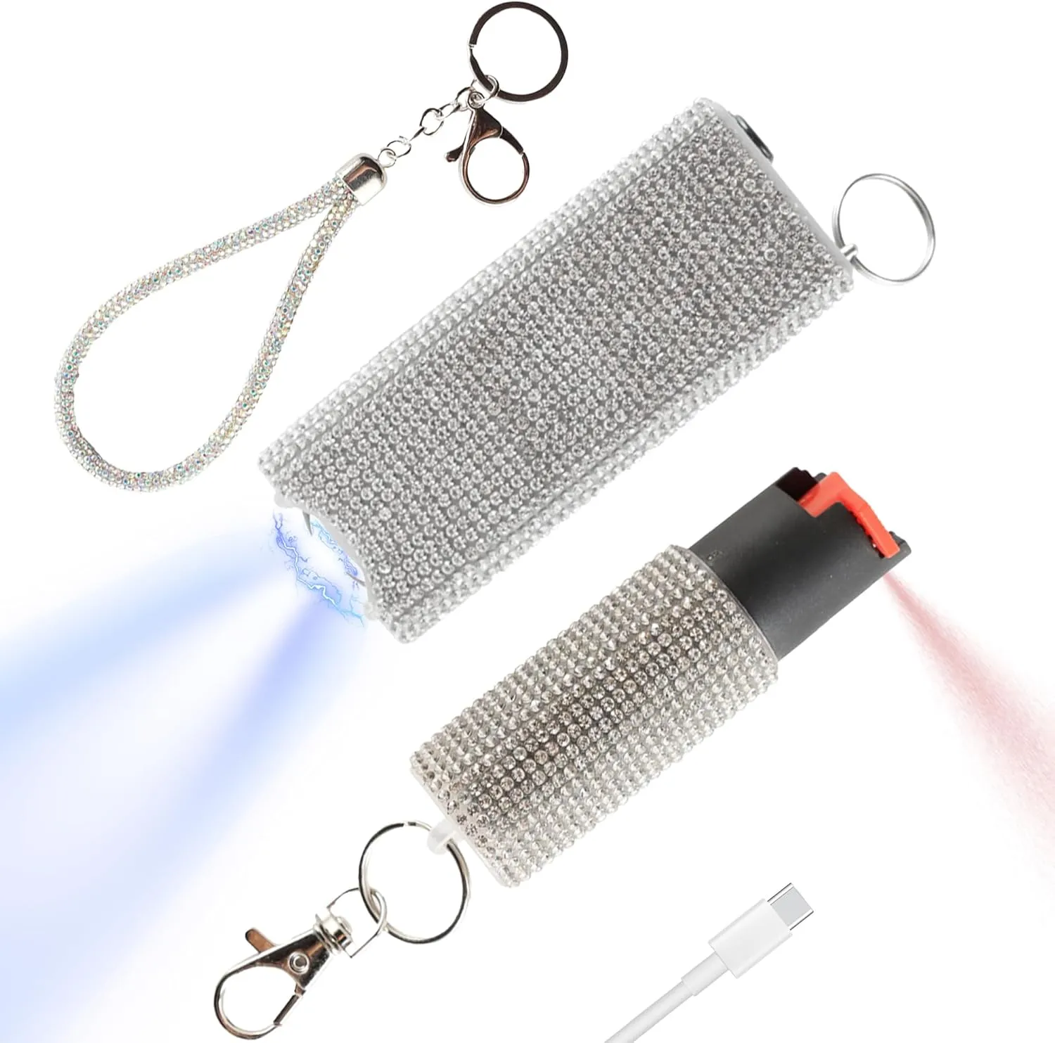 Bling MagiUSA Self Defense Kit for Women-Pepper Spray & Stun Gun&Bracelet 3in1 Combo with Flashlight Tazer Tazr Stylish Luxury Keychain Portable Protection for Safety Ideal for Walking Jogging Travel