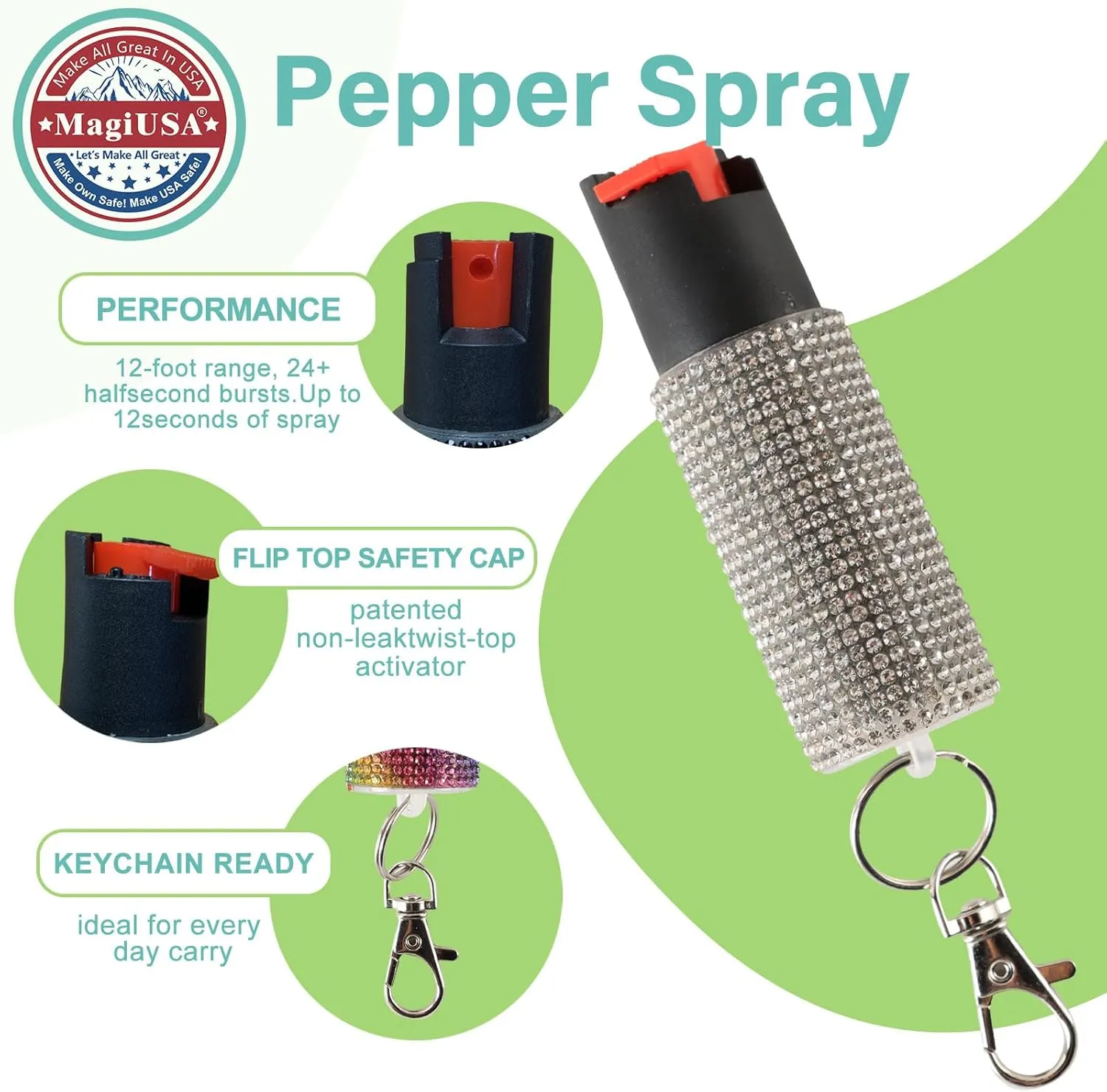 Bling MagiUSA Self Defense Kit for Women-Pepper Spray & Stun Gun&Bracelet 3in1 Combo with Flashlight Tazer Tazr Stylish Luxury Keychain Portable Protection for Safety Ideal for Walking Jogging Travel