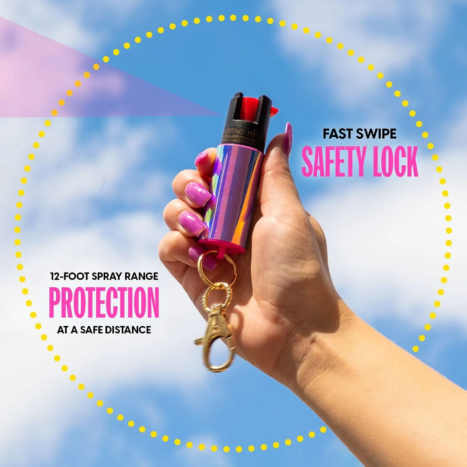 BLINGSTING Pepper Spray for Women - Maximum Strength OC Self Defense Spray - 12 ft Range - UV Marking Dye for Police ID - Swipe Safety Lock, Compact & Fashionable Keychain - Holographic