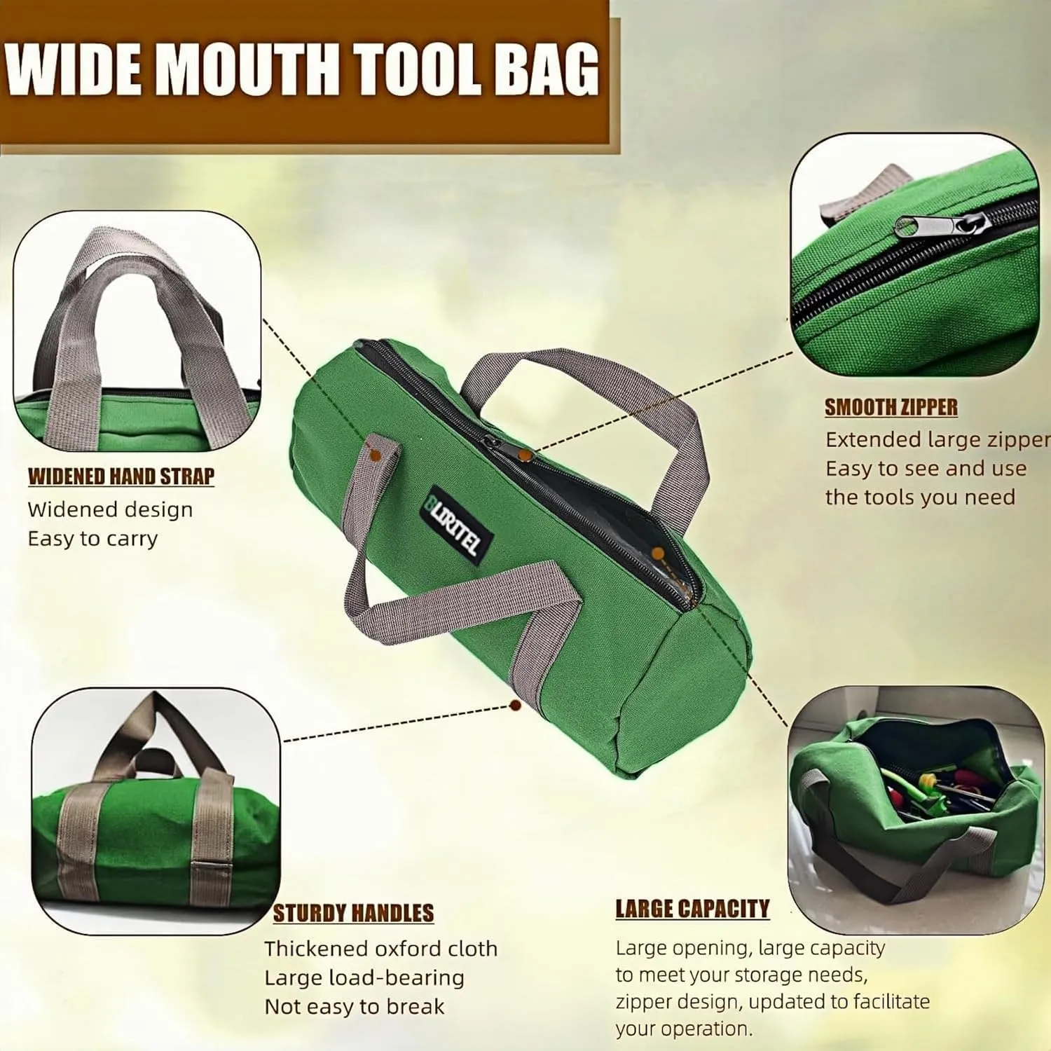 BLIRITEL 14 Inch Small Tool Bag for Men, Large Capacity Wide Mouth Canvas Storage Kit, Tote Handbag Organizer for Mechanic & Electrician Storage Wrenches (Green)
