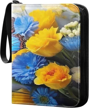 Blue Beautiful Butterflies Card Binder 4 Pocket Collectible Trading Card Albums with 50 Sleeves Double Side PU Waterproof 3 Ring for Sports & Game Cards