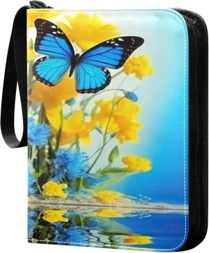 Blue Beautiful Butterflies Card Binder 4 Pocket Collectible Trading Card Albums with 50 Sleeves Double Side PU Waterproof 3 Ring for Sports & Game Cards