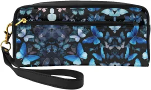Blue Butterflies White Flowers Print Portable Makeup Bag,Travel-Friendly Design,Versatile Mini Makeup Pouchtion