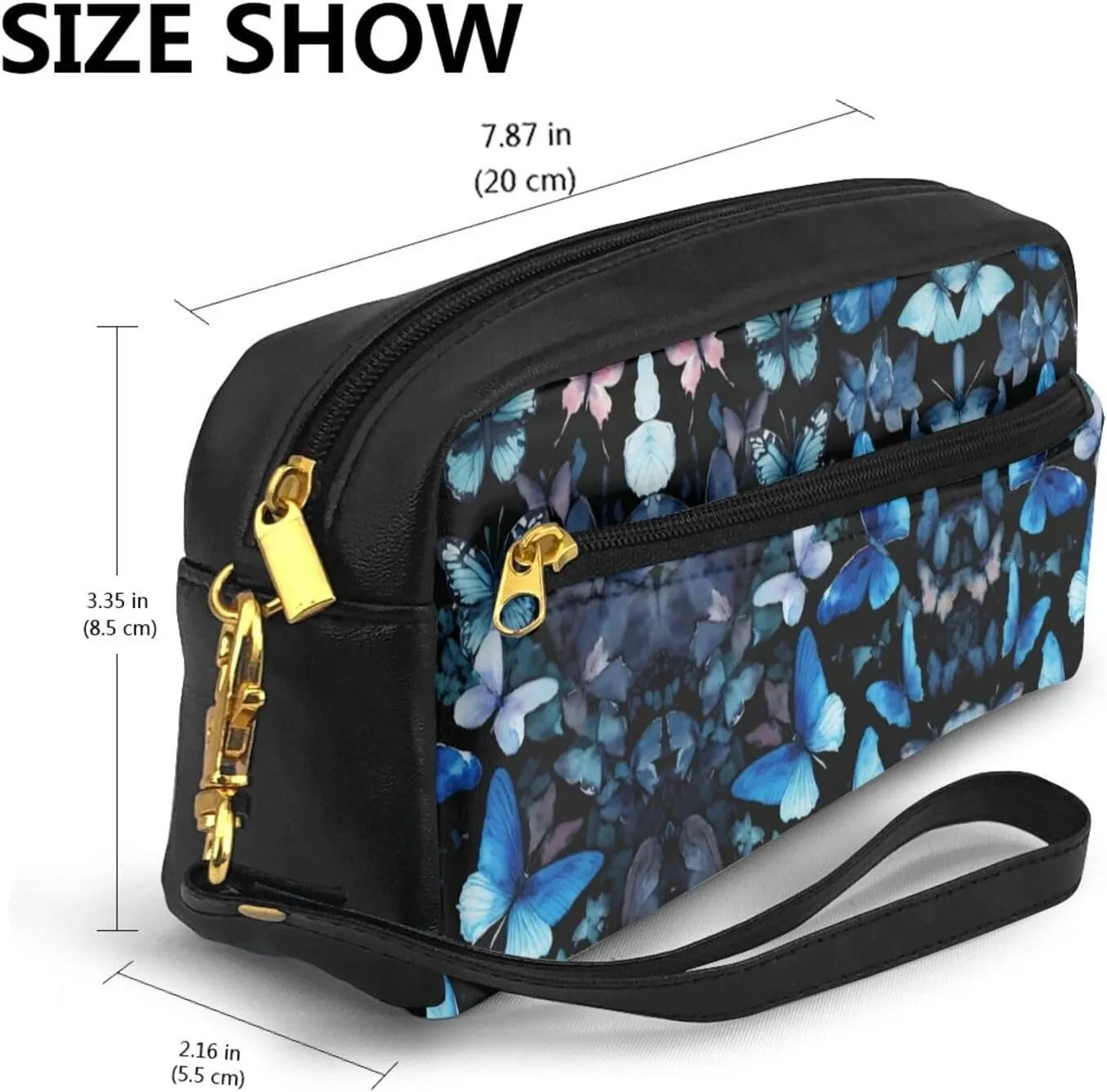 Blue Butterflies White Flowers Print Portable Makeup Bag,Travel-Friendly Design,Versatile Mini Makeup Pouchtion