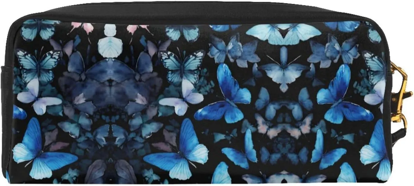 Blue Butterflies White Flowers Print Portable Makeup Bag,Travel-Friendly Design,Versatile Mini Makeup Pouchtion