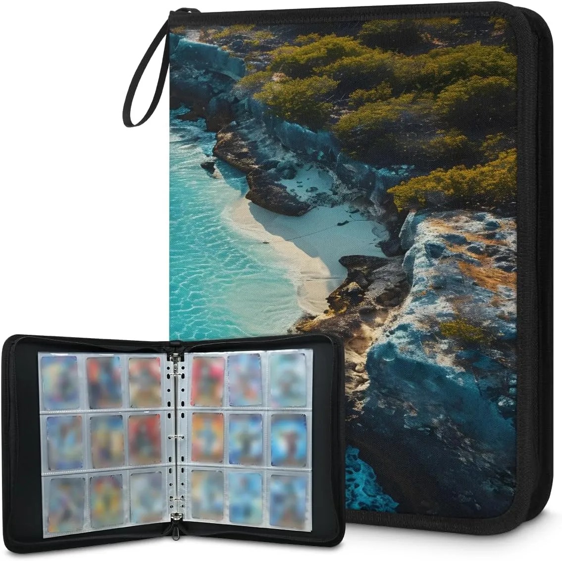 Blue Coast 3 Ring Trading Zipper Binder Strap, Trading Card Binder 4 Pocket, 400 Pockets Card Holder with 50 Removable Sleeves for Game Cards