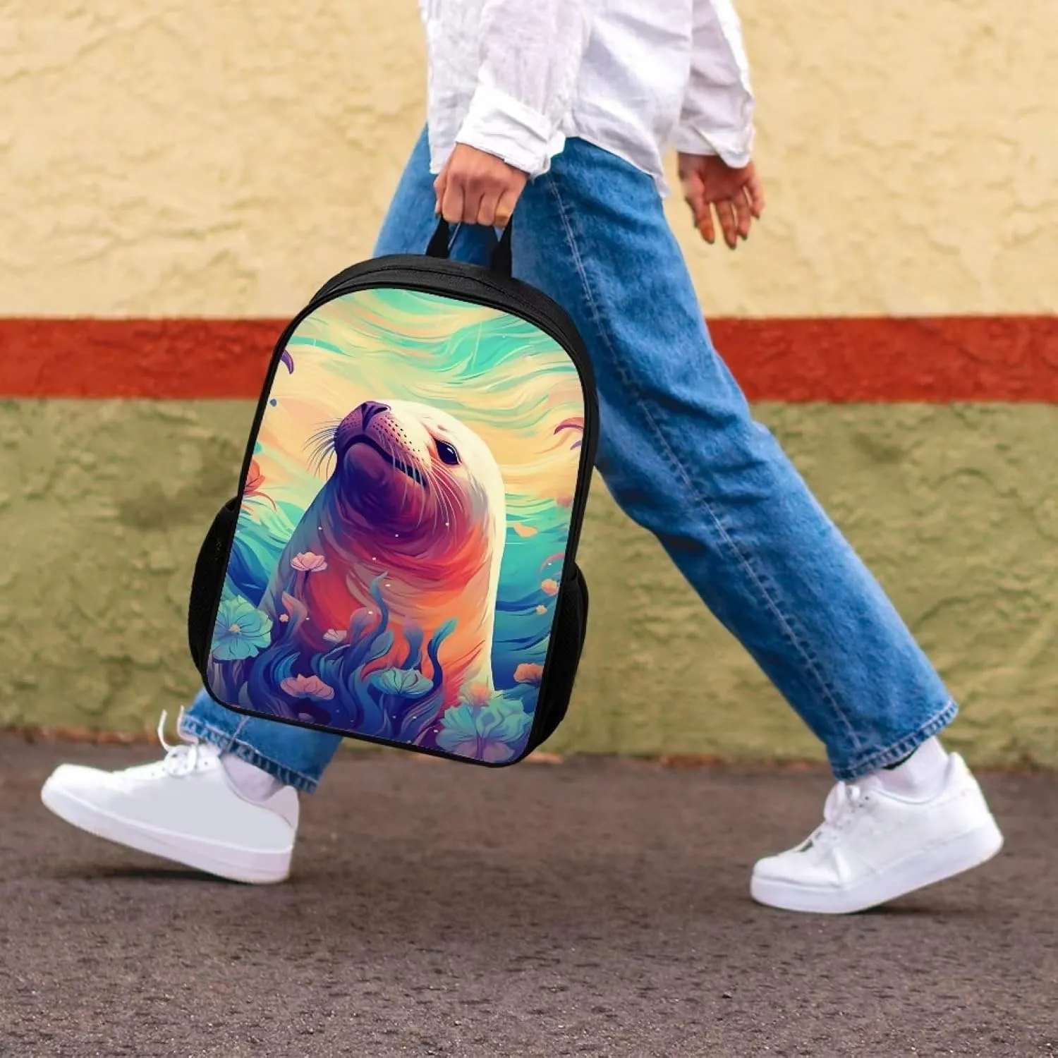 Blue Floral Cute Seal Cool Animal Backpack School Backpacks Preschool Book Bag Cute School Bags for Kids Boys Girls Travel Daypack