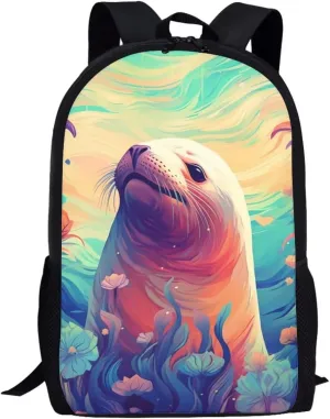 Blue Floral Cute Seal Cool Animal Backpack School Backpacks Preschool Book Bag Cute School Bags for Kids Boys Girls Travel Daypack