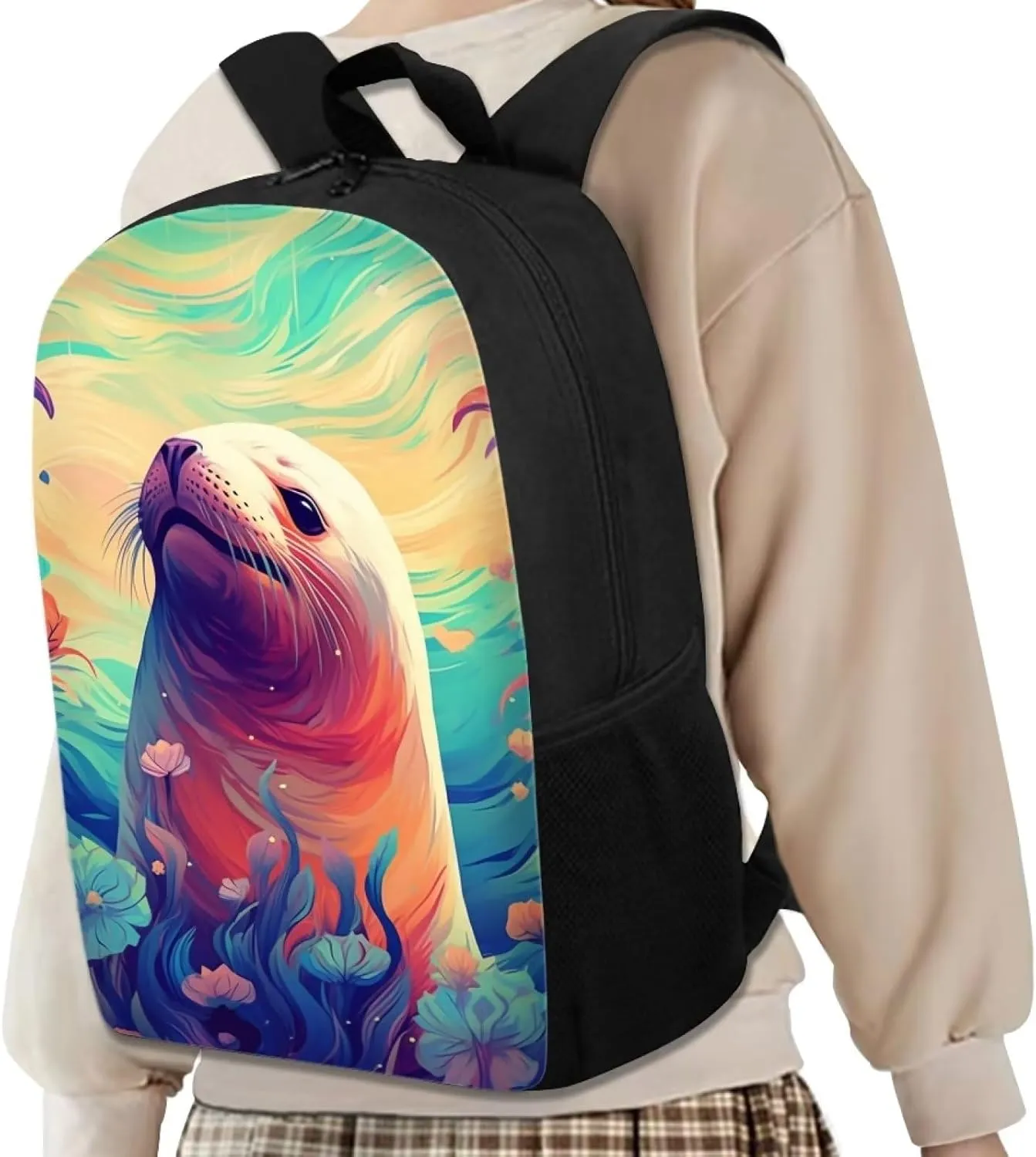 Blue Floral Cute Seal Cool Animal Backpack School Backpacks Preschool Book Bag Cute School Bags for Kids Boys Girls Travel Daypack