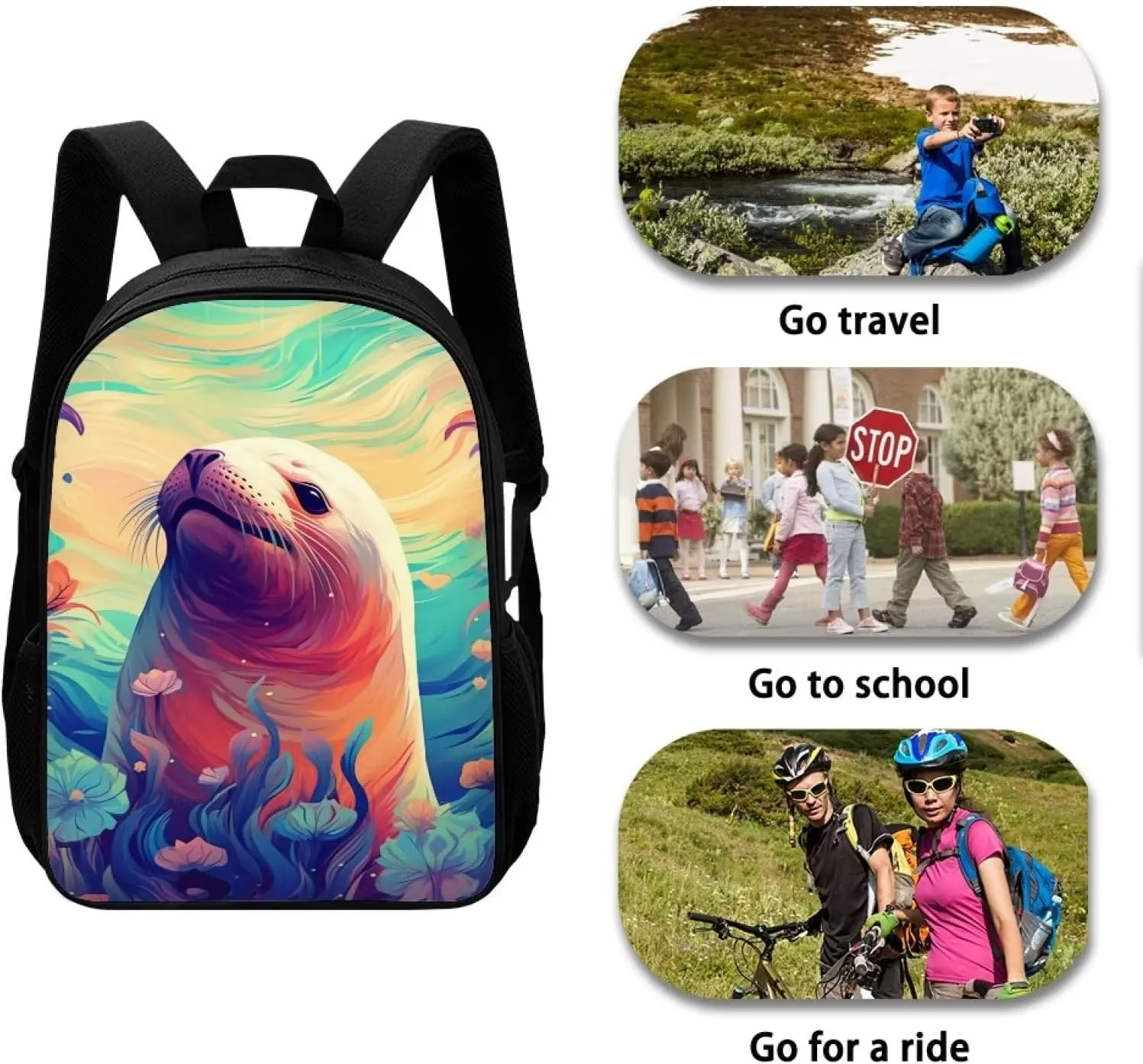 Blue Floral Cute Seal Cool Animal Backpack School Backpacks Preschool Book Bag Cute School Bags for Kids Boys Girls Travel Daypack